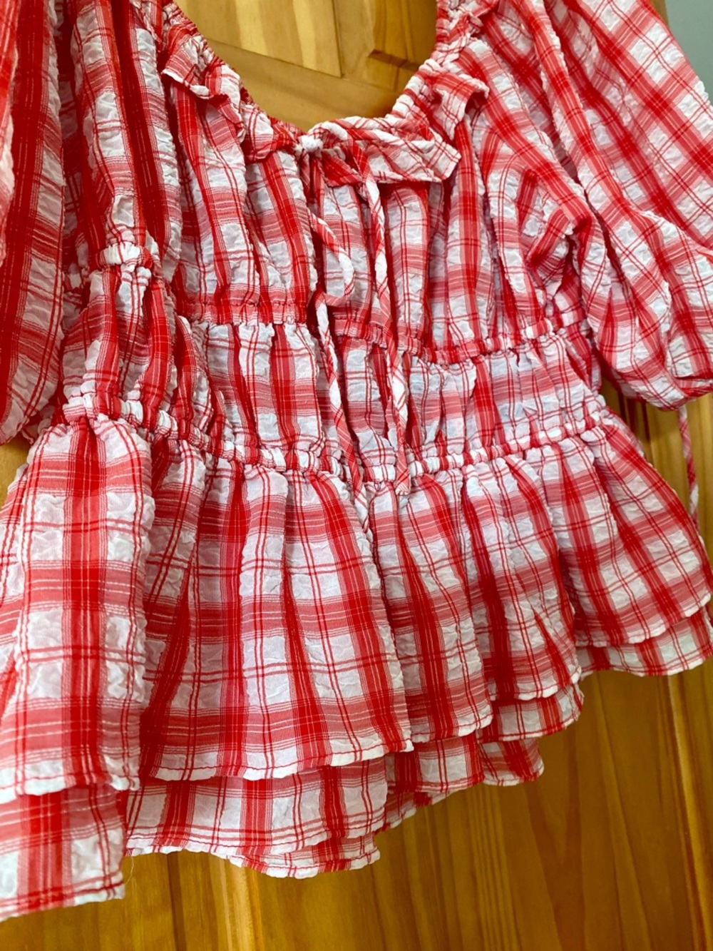 En Saison Red Plaid Smocked Peplum Top Puff Sleeve Cottagecore Picnic Blouse S - Picture 6 of 13
